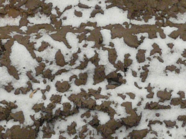 Dirt road texture in dark brown tone with tire marks and thin layer of snow across surface.